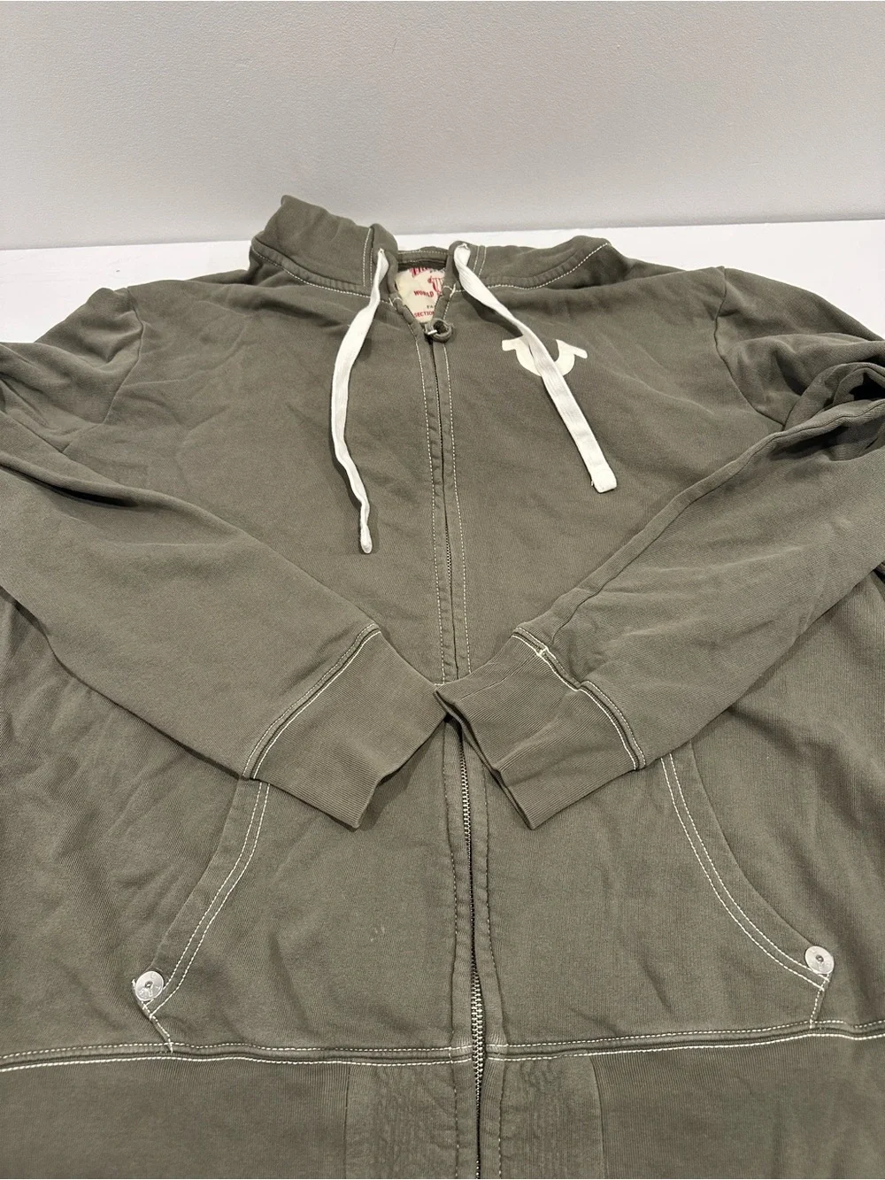 True Religion Olive Zip Hoodie with White Logo Accent